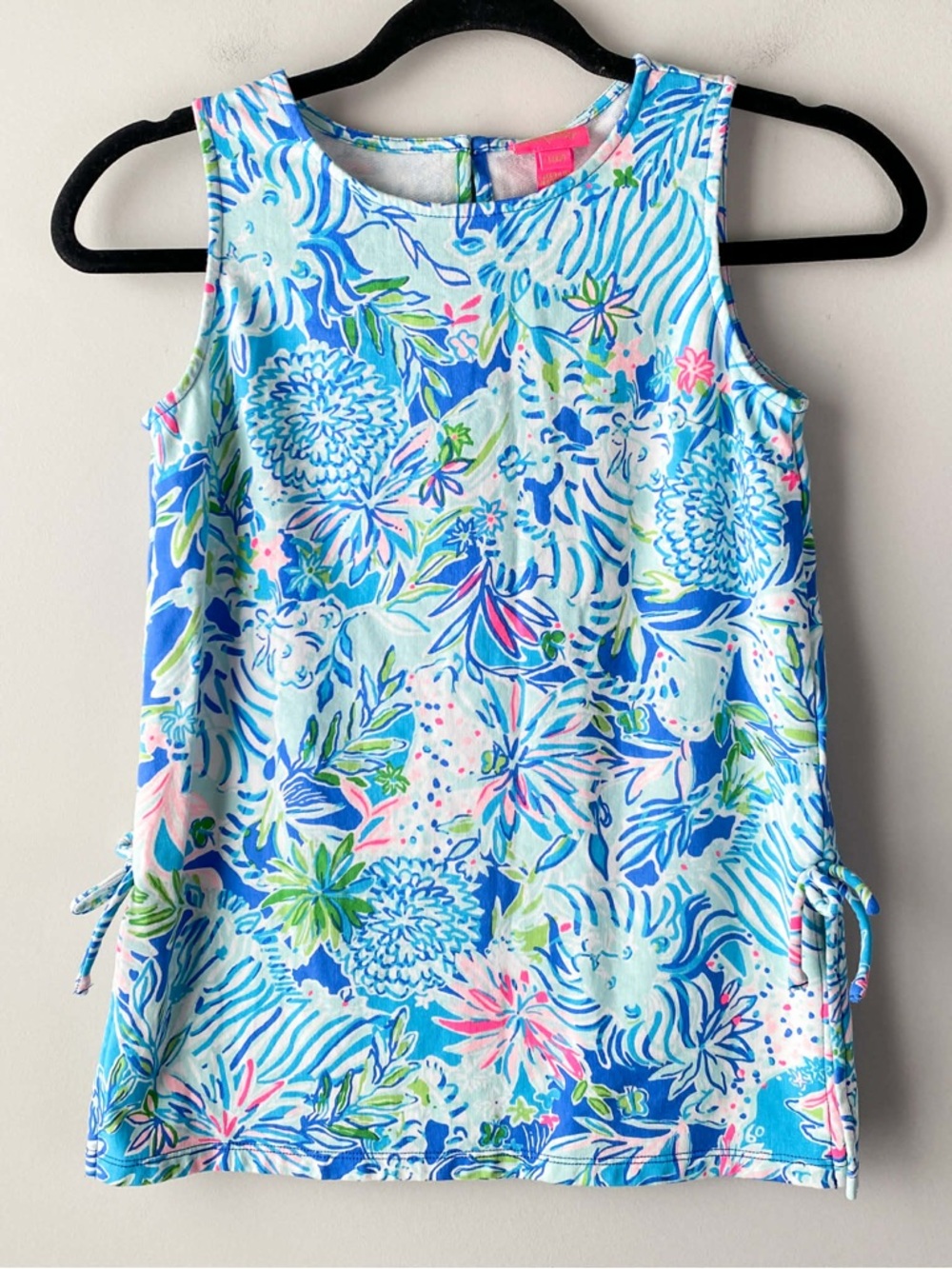 Lilly Pulitzer Girls Mini Donna Top L Coastal Blue Lion Around Bow Tie Tunic